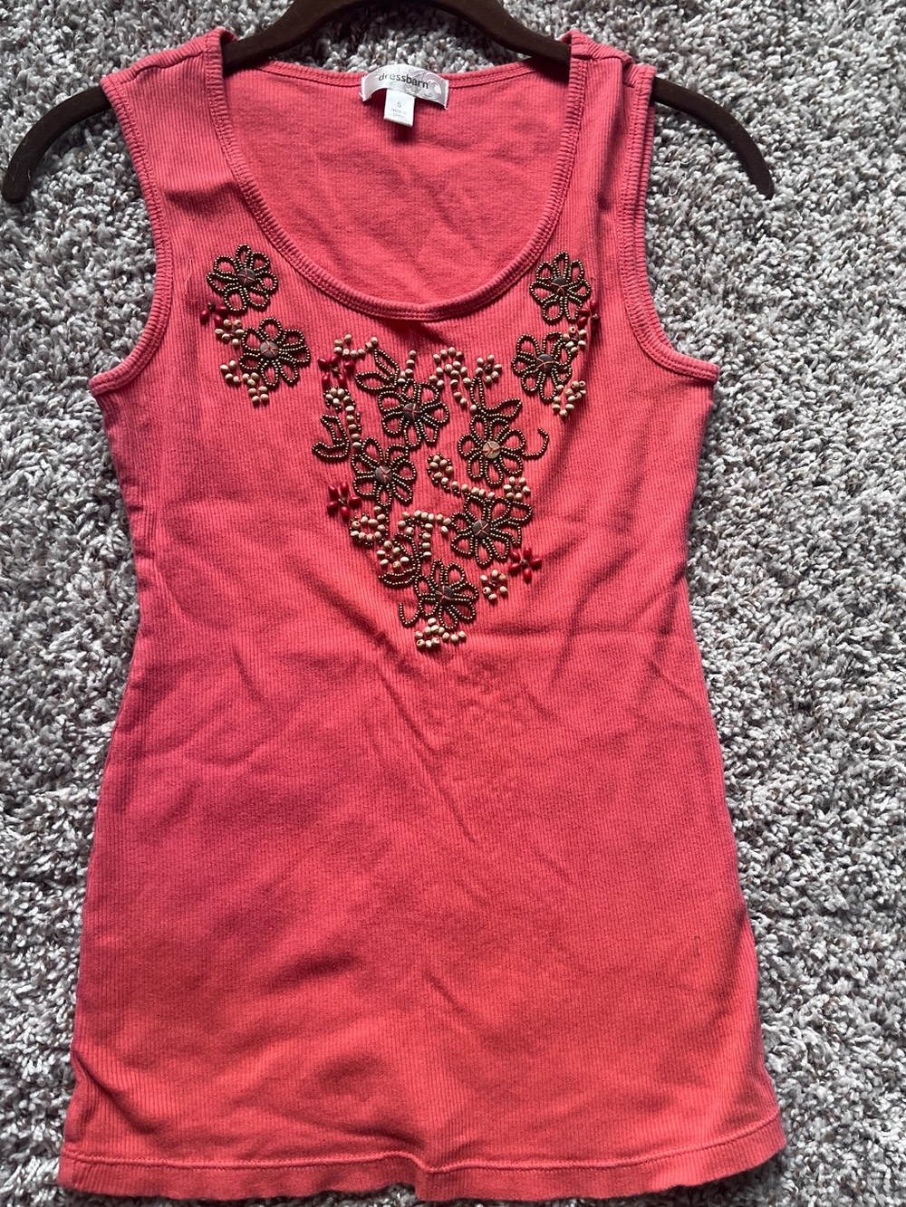 dressbarn Coral Beaded Floral Ribbed Tank